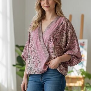 LOVESTITCH DRAPE HIGH LOW FLORAL TOP. BOHO FLOWY PLUNGLING SURPLICE SMALL BLOUSE